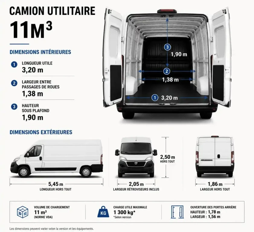 Dimensions intérieures et extérieures d'un camion 11m3 pour déménagement