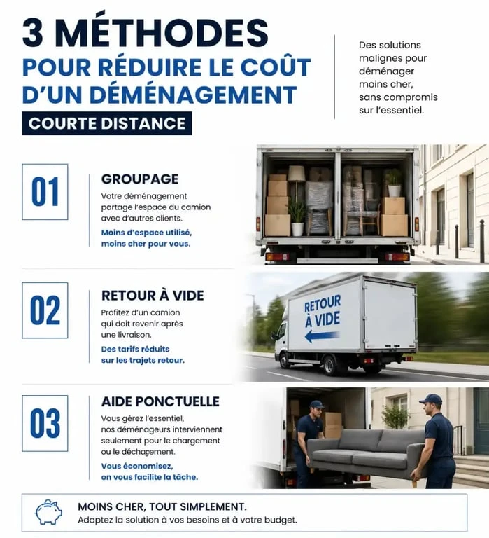 Infographie comparant les méthodes pour économiser sur un déménagement courte distance : groupage, retour à vide et aide ponctuelle.