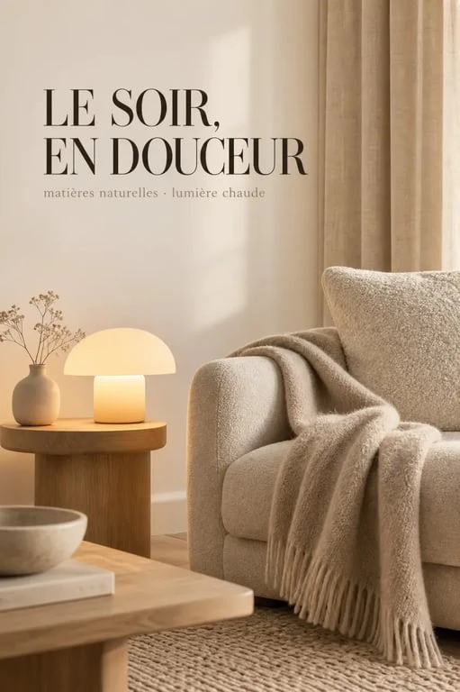 Détail de décoration scandinave cocooning avec éclairage tamisé, laine, bouclette et bois clair