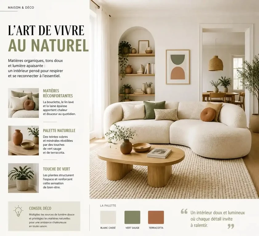Salon avec décoration scandinave cocooning, bois clair, matières douces et tons neutres