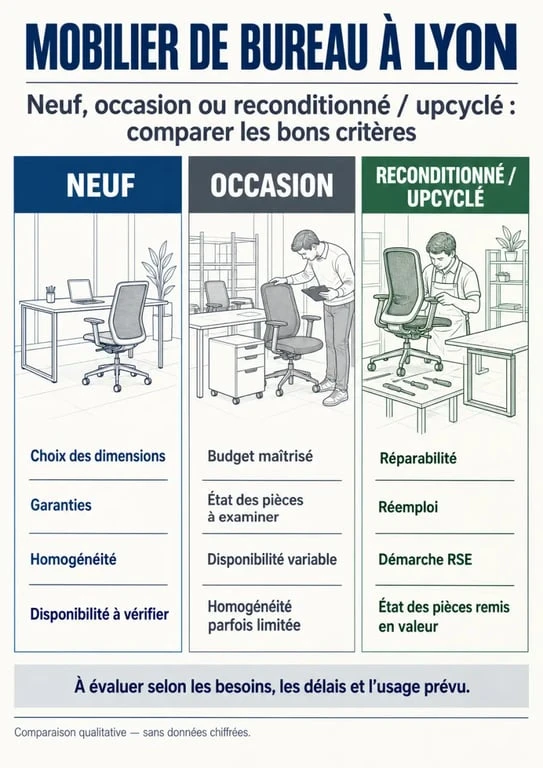 Infographie sur le mobilier de bureau à Lyon neuf, d’occasion et reconditionné