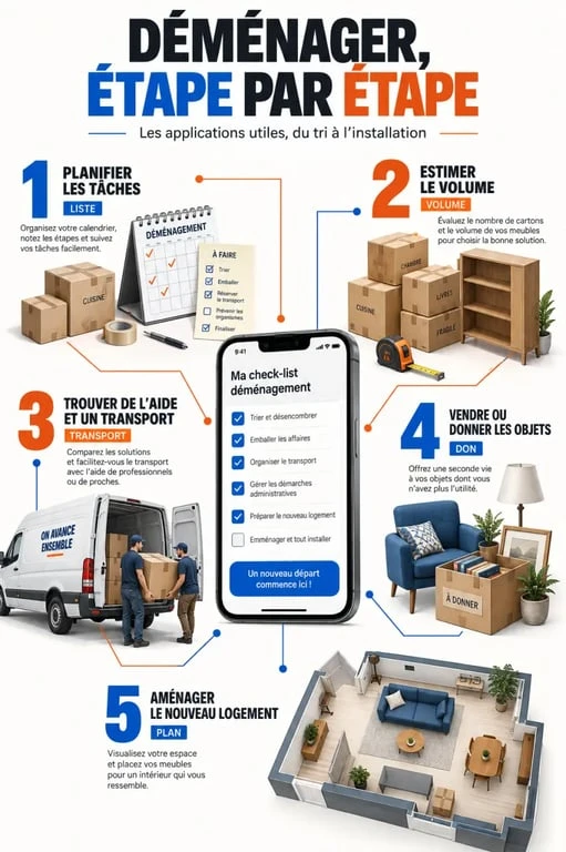 Infographie des applications de déménagement par étape : planning, cartons, transport et installation