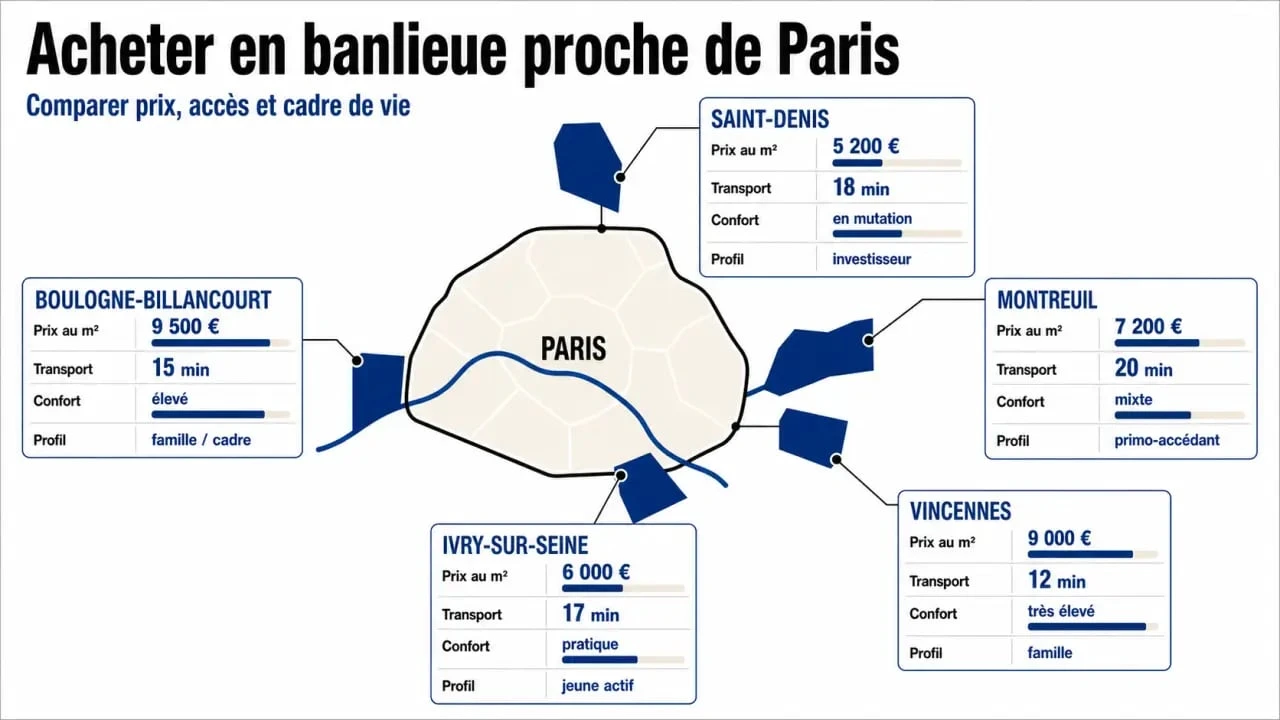 Acheter appartement banlieue proche Paris : comparatif des villes, prix au m², transports et profils d’acheteurs