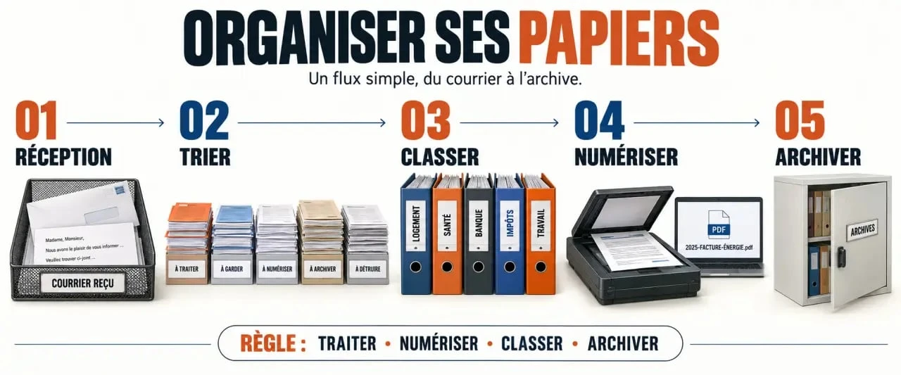 Processus en cinq étapes pour organiser papier administratif, du tri à l’archivage