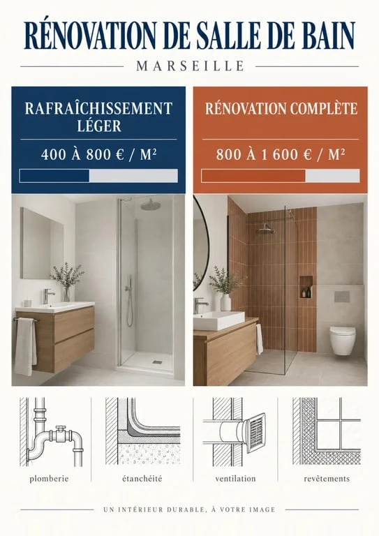 Infographie des budgets de rénovation salle de bain Marseille selon le niveau de travaux